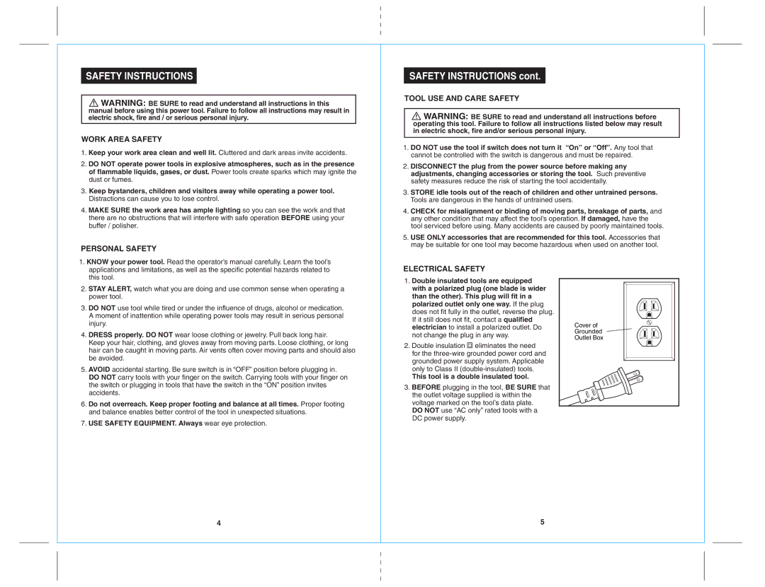 Craftsman 172.10721 Safety Instructions, Work Area Safety, Personal Safety, Tool USE and Care Safety, Electrical Safety 