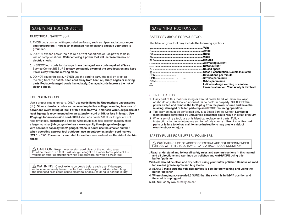 Craftsman 172.10721 owner manual Electrical Safety, Extension Cords, Safety Symbols for Your Tool, Service Safety 