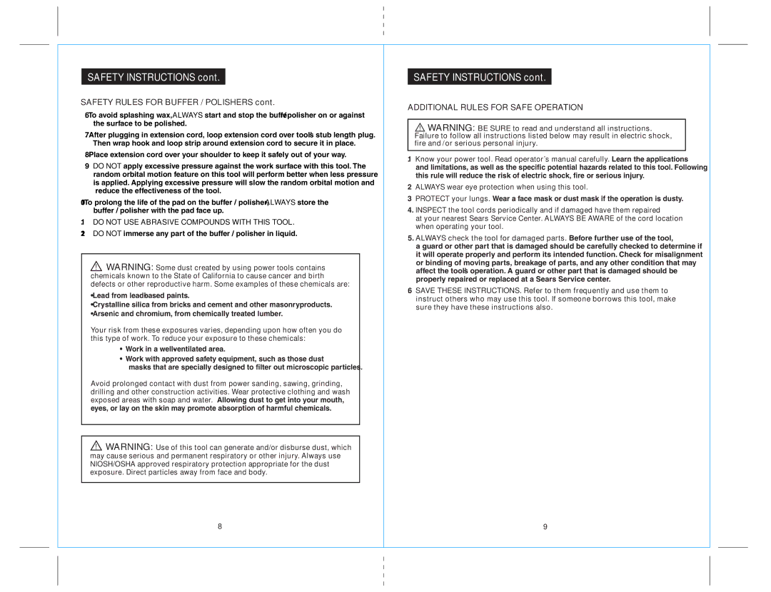 Craftsman 172.10721 owner manual Safety Rules for Buffer / Polishers, Additional Rules for Safe Operation 