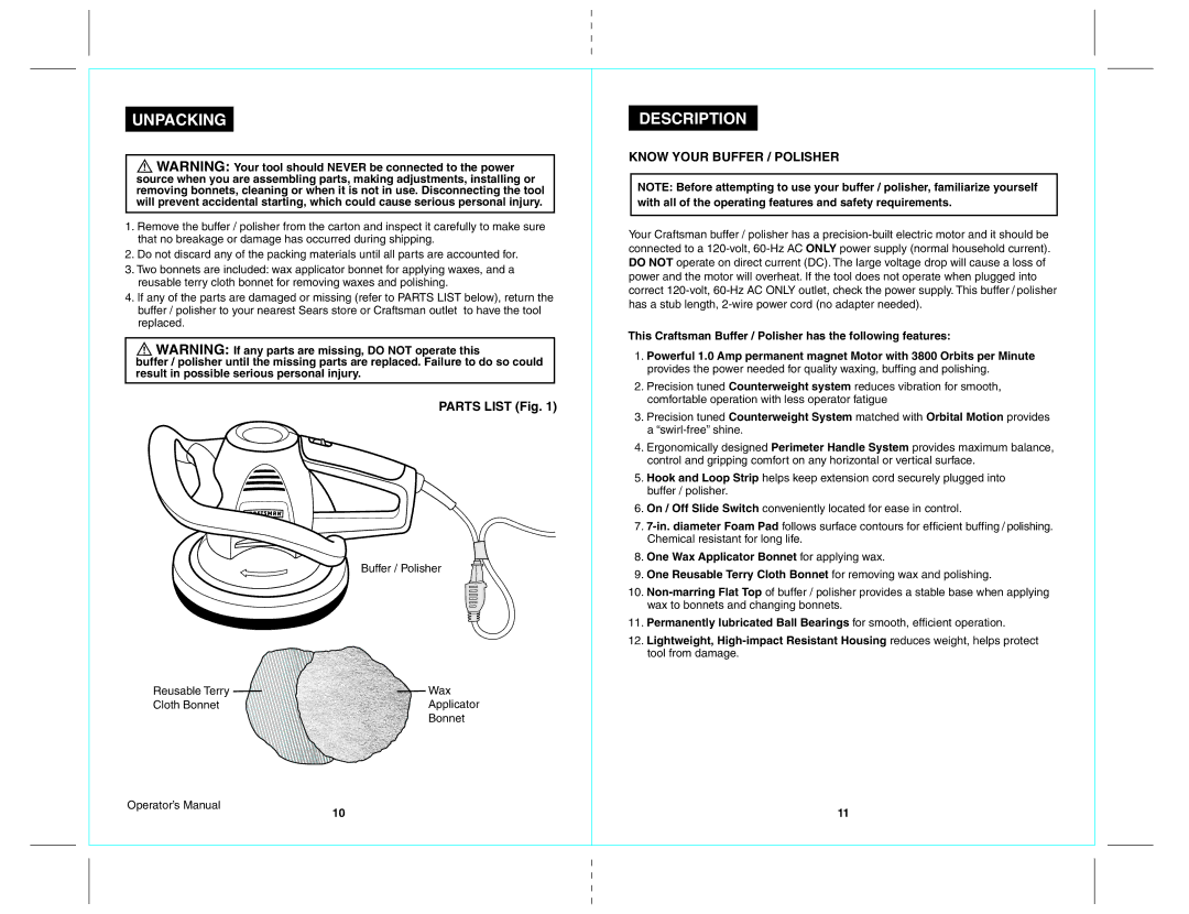 Craftsman 172.10721 owner manual Unpacking, Description, Parts List Fig, Know Your Buffer / Polisher 