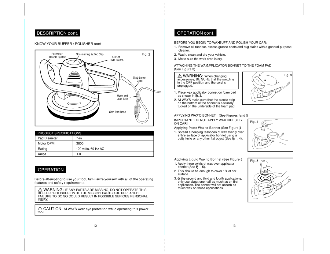 Craftsman 172.10721 owner manual Operation, Know Your Buffer / Polisher, Before YOU Begin to WAX, Buff and Polish Your CAR 