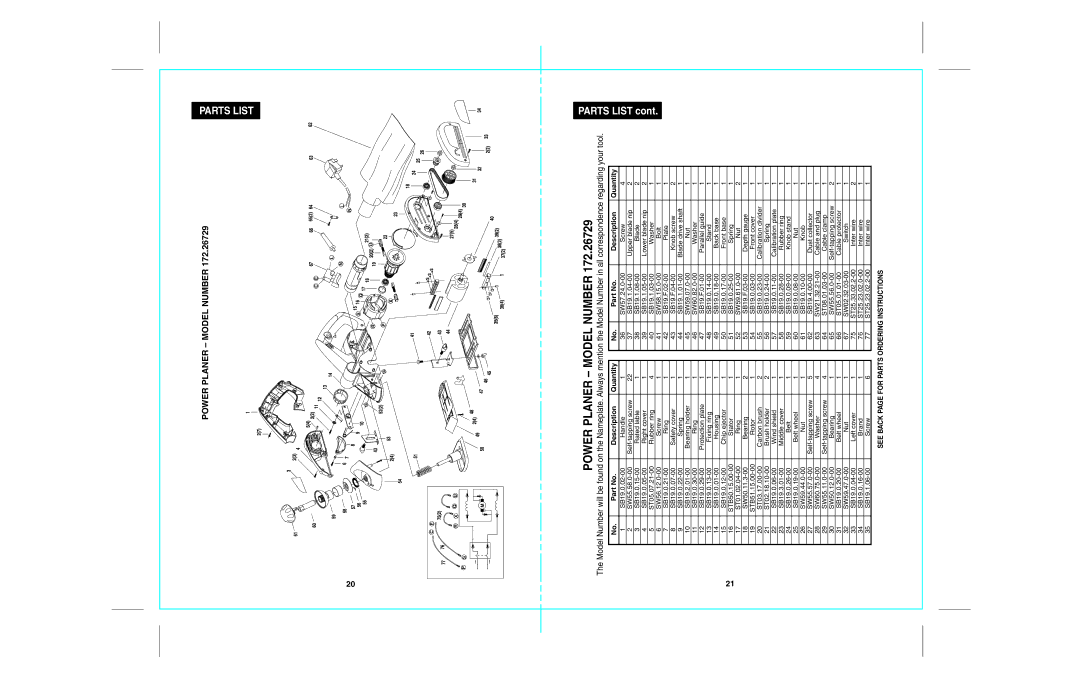 Craftsman 172.26729 operating instructions Parts List, Power Planer Model Number 