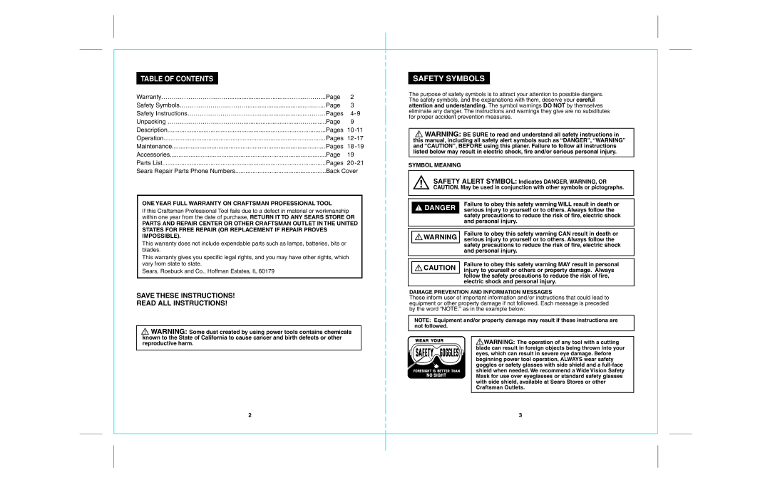 Craftsman 172.26729 operating instructions Safety Symbols, Table of Contents 