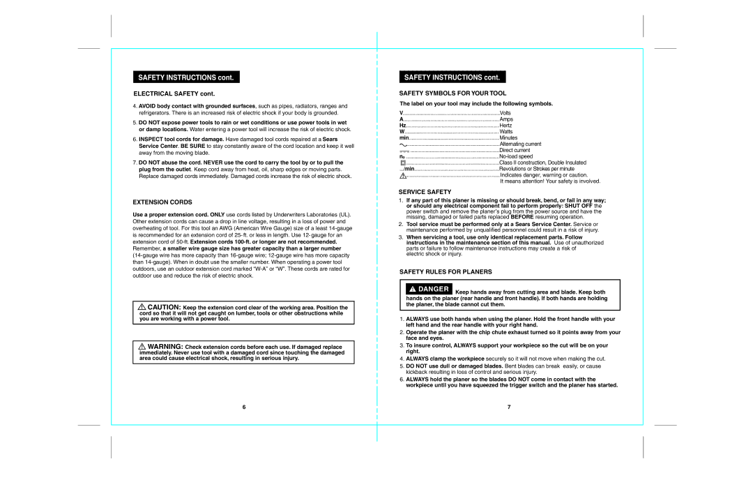 Craftsman 172.26729 Extension Cords, Safety Symbols for Your Tool, Service Safety, Safety Rules for Planers 