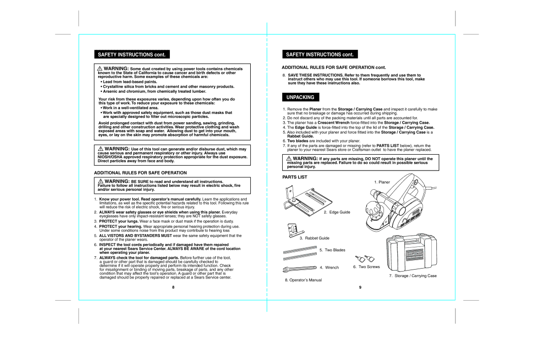 Craftsman 172.26729 Unpacking, Additional Rules for Safe Operation, Parts List, Rabbet Guide, When operating your planer 