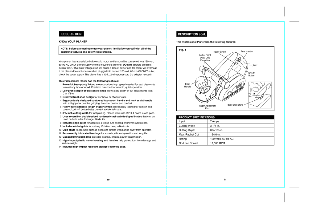 Craftsman 172.26729 Description, Know Your Planer, This Professional Planer has the following features 