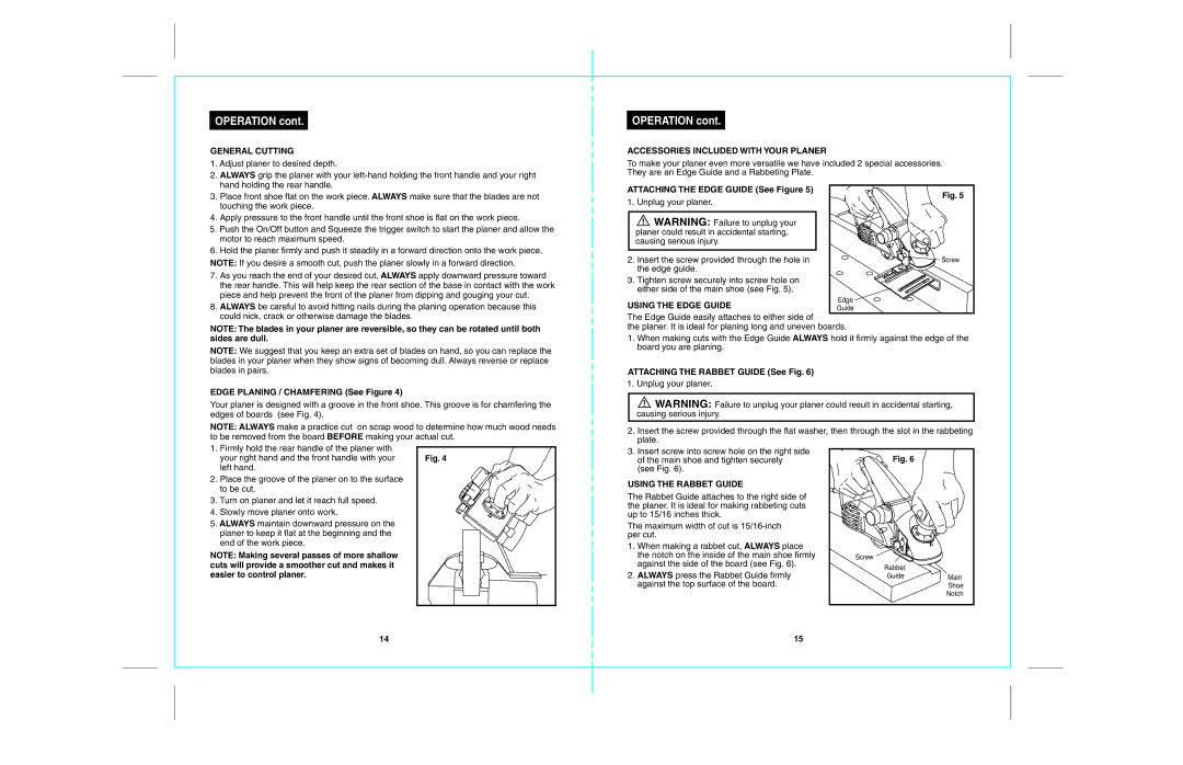 Craftsman 172.26729 General Cutting, Accessories Included with Your Planer, Using the Edge Guide, Using the Rabbet Guide 