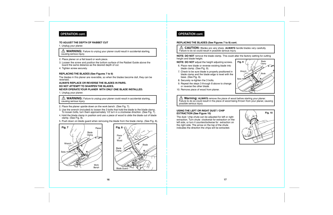 Craftsman 172.26729 To Adjust the Depth of Rabbet CUT, Replacing the Blades See Figures 7 to, Extraction See Figure 