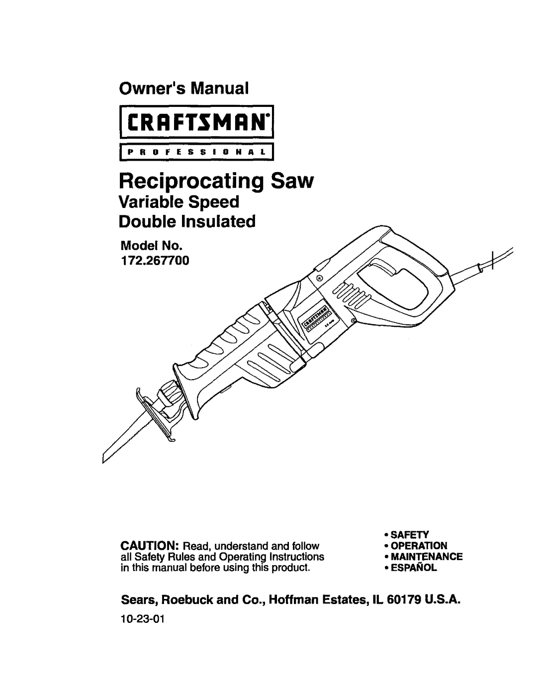 Craftsman 172.2677 owner manual Reciprocating Saw, Safety Operation Maintenance Espaiol 