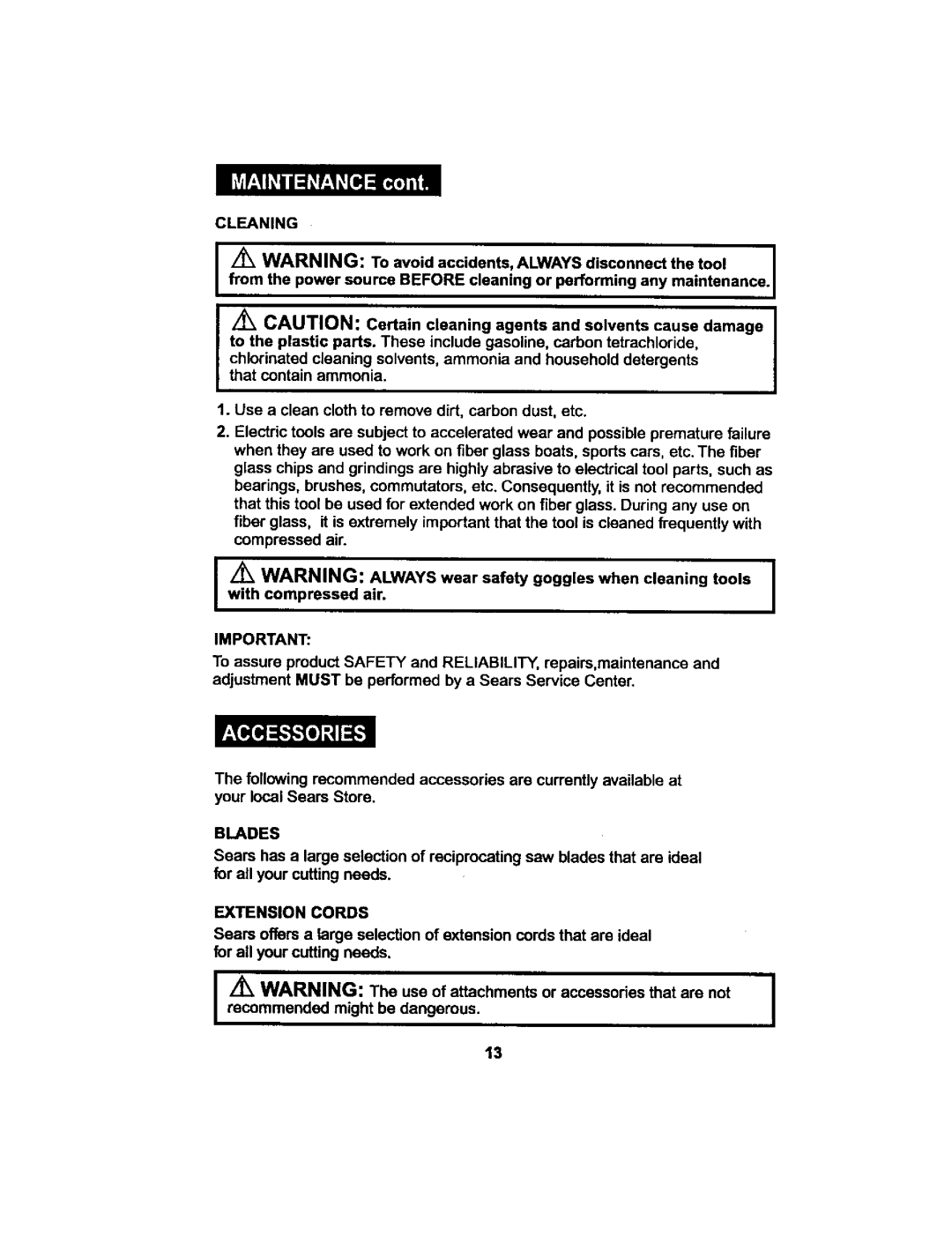 Craftsman 172.2677 owner manual Cleaning, Blades, Extension Cords 