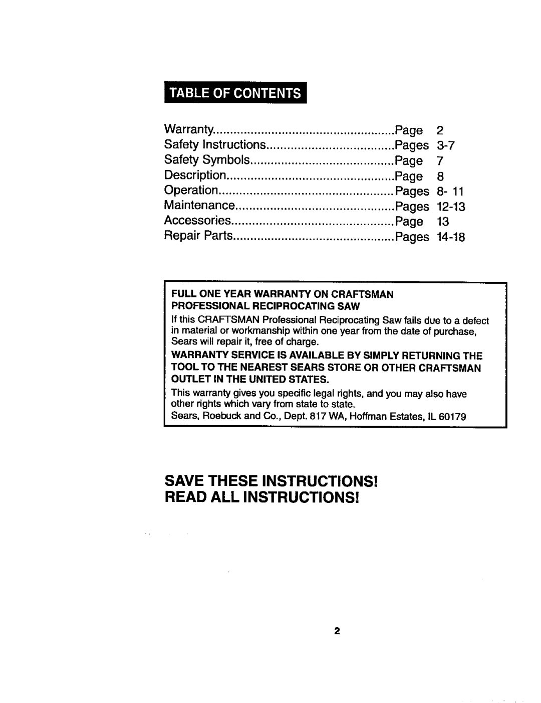 Craftsman 172.2677 owner manual Read ALL Instructions 