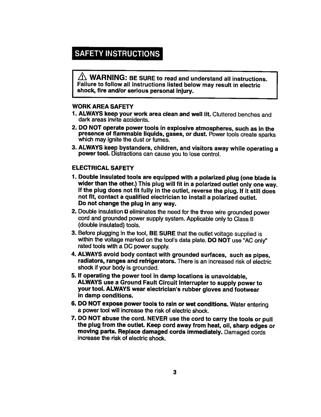 Craftsman 172.2677 owner manual Work Area Safety, Electrical Safety 