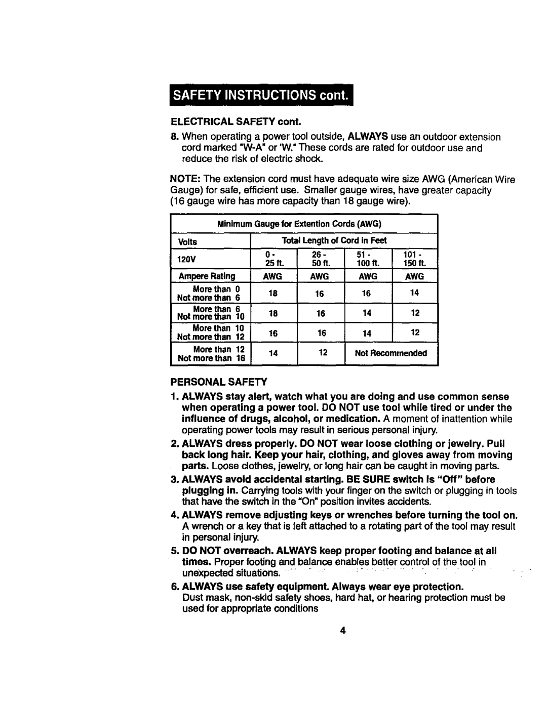 Craftsman 172.2677 owner manual Personalsafety, Awg 