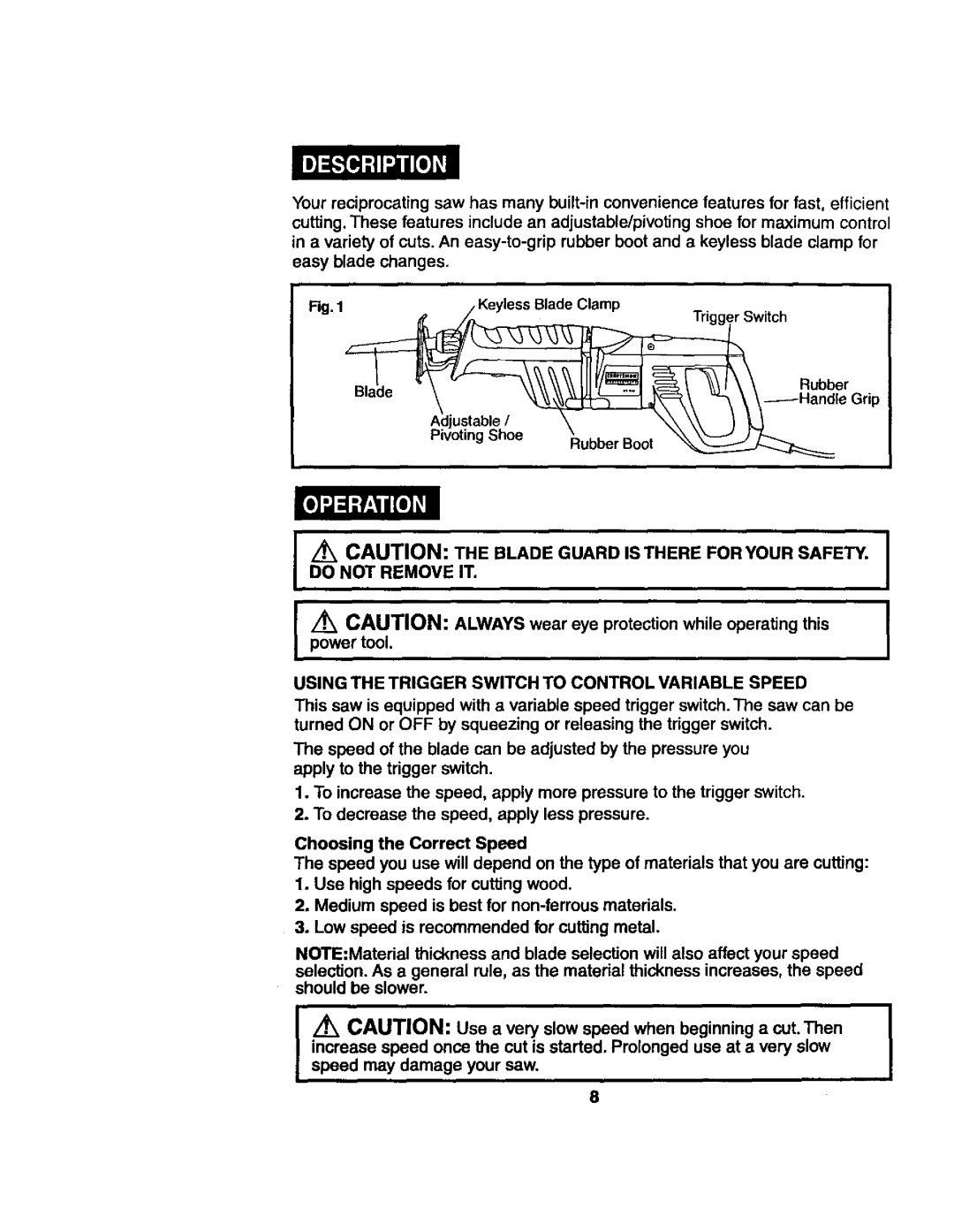 Craftsman 172.2677 owner manual lllr/..I \\\t Rubber, Using the Trigger Switch to Control Variable Speed 