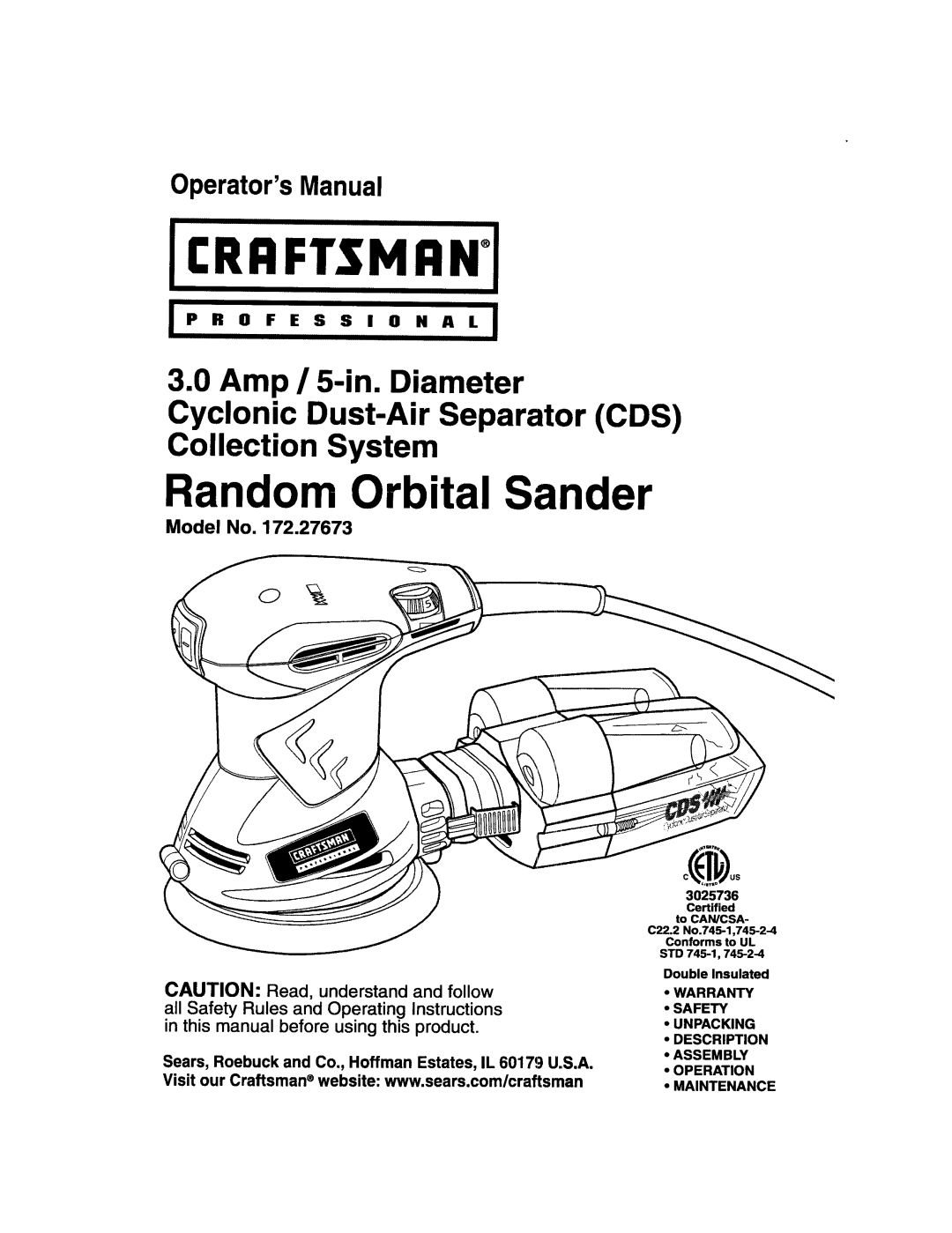 Craftsman 172.27673 operating instructions Random Orbital Sander, F E S S I O N a L 