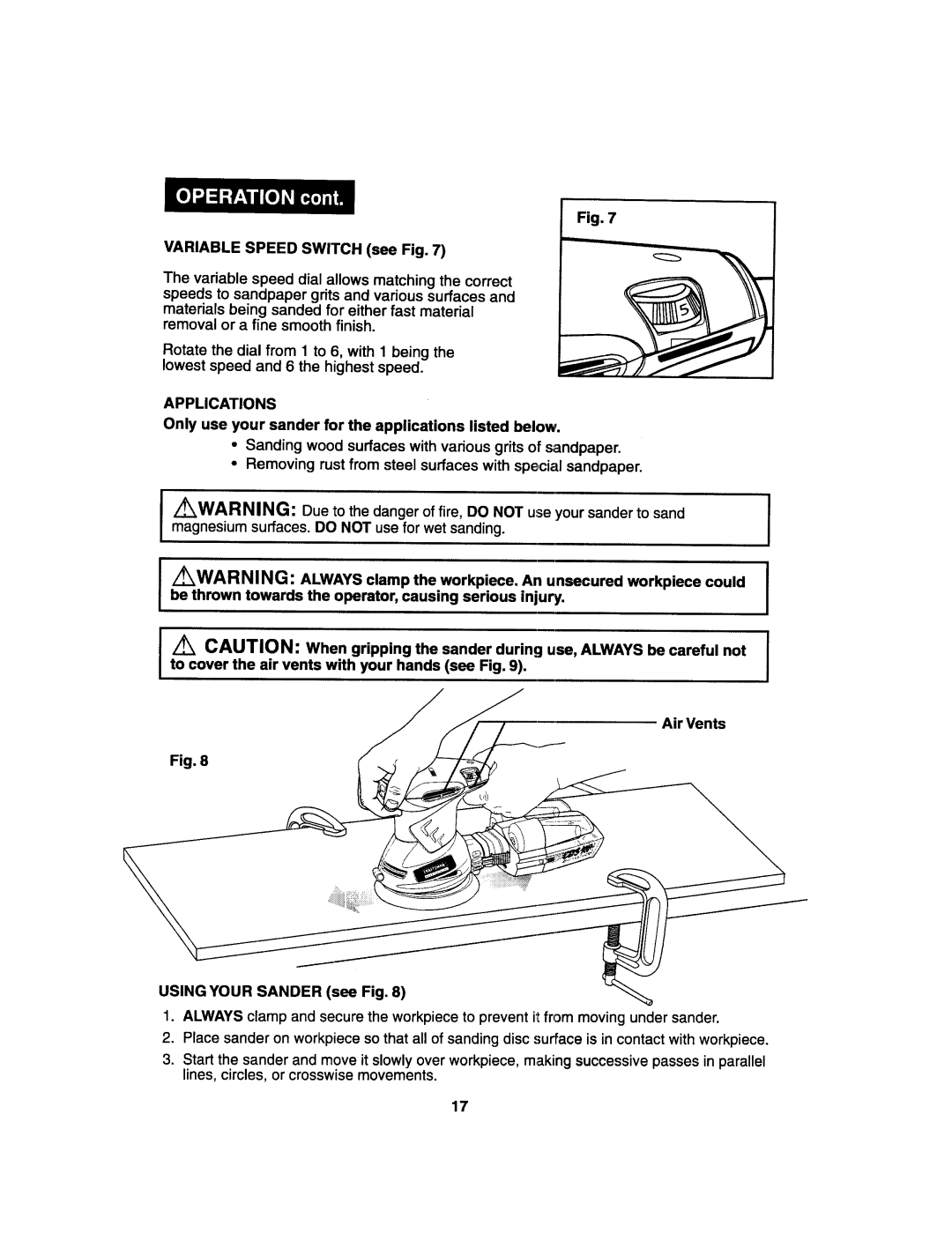 Craftsman 172.27673 operating instructions VARIABLESPEEDSWITCHseeFig.7, Applications 