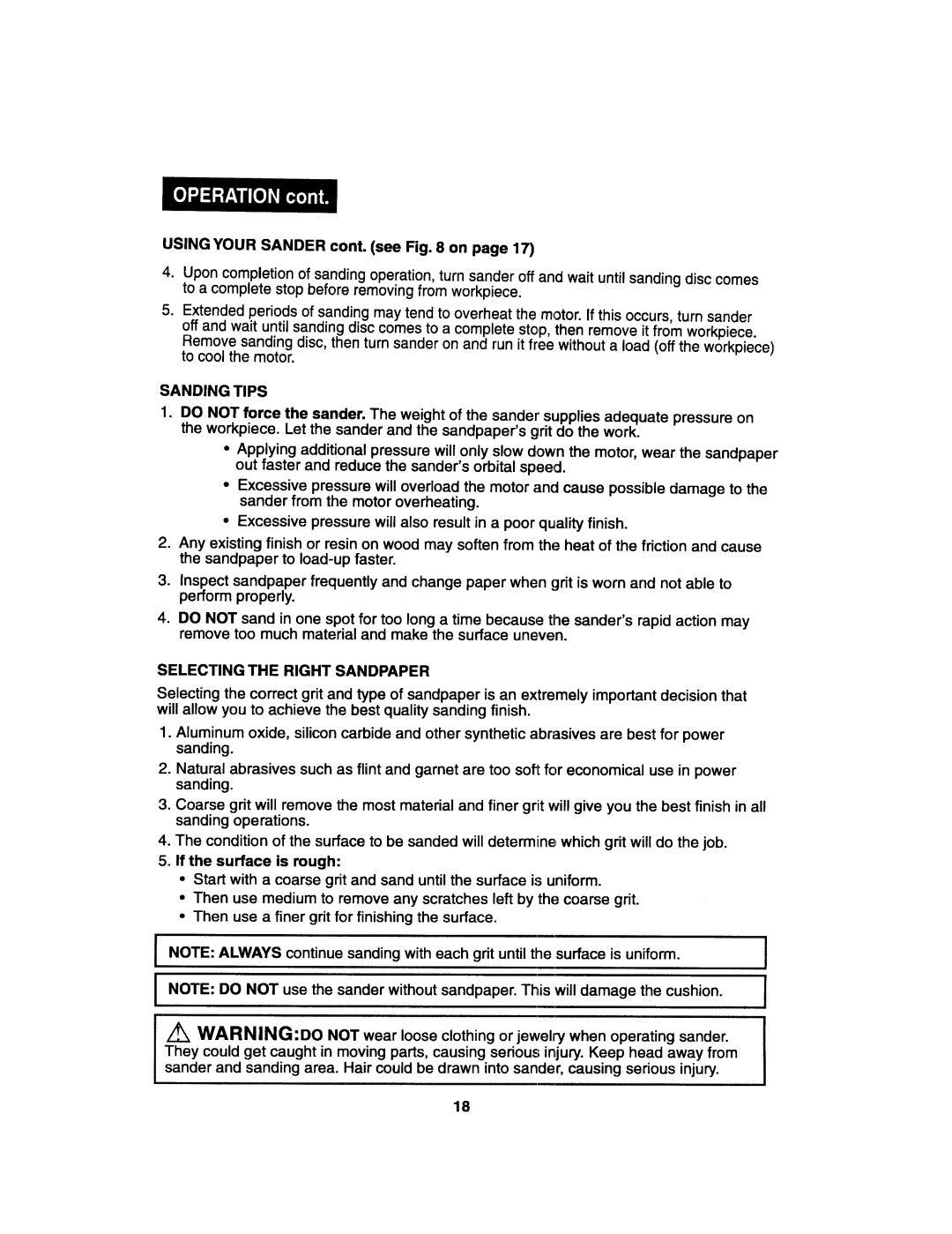 Craftsman 172.27673 USINGYOURSANDERcont.seeFig.8on page17, Sanding Tips, Selecting the Right Sandpaper 