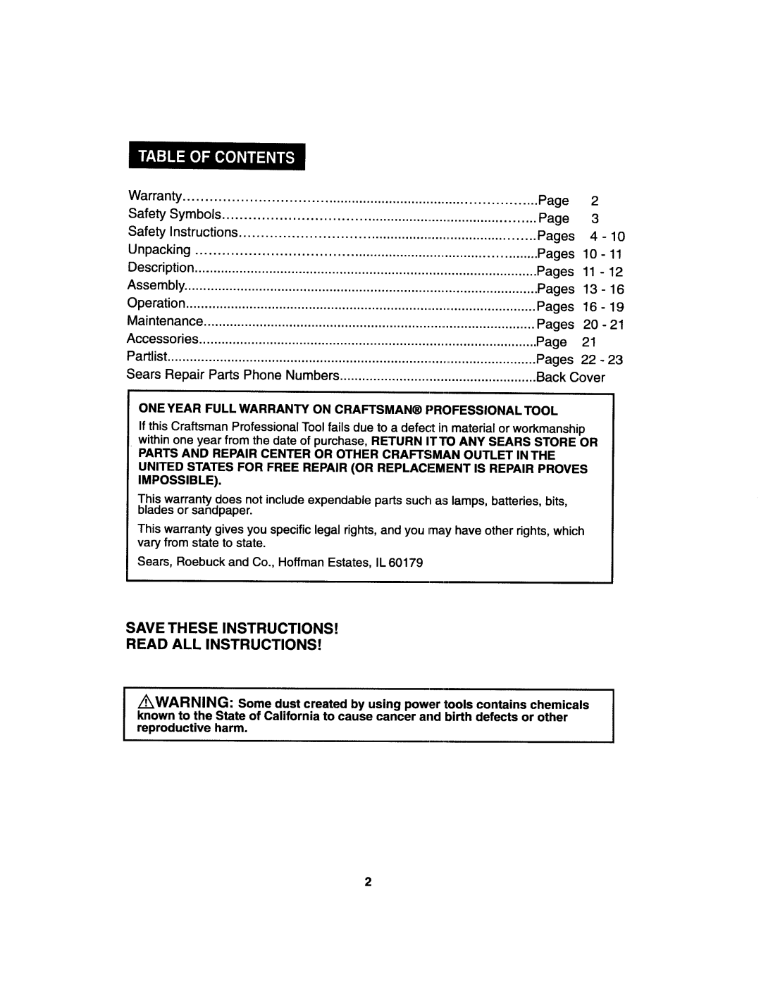 Craftsman 172.27673 operating instructions Read ALL Instructions, ONE Year Full Warranty on Craftsman Professional Tool 