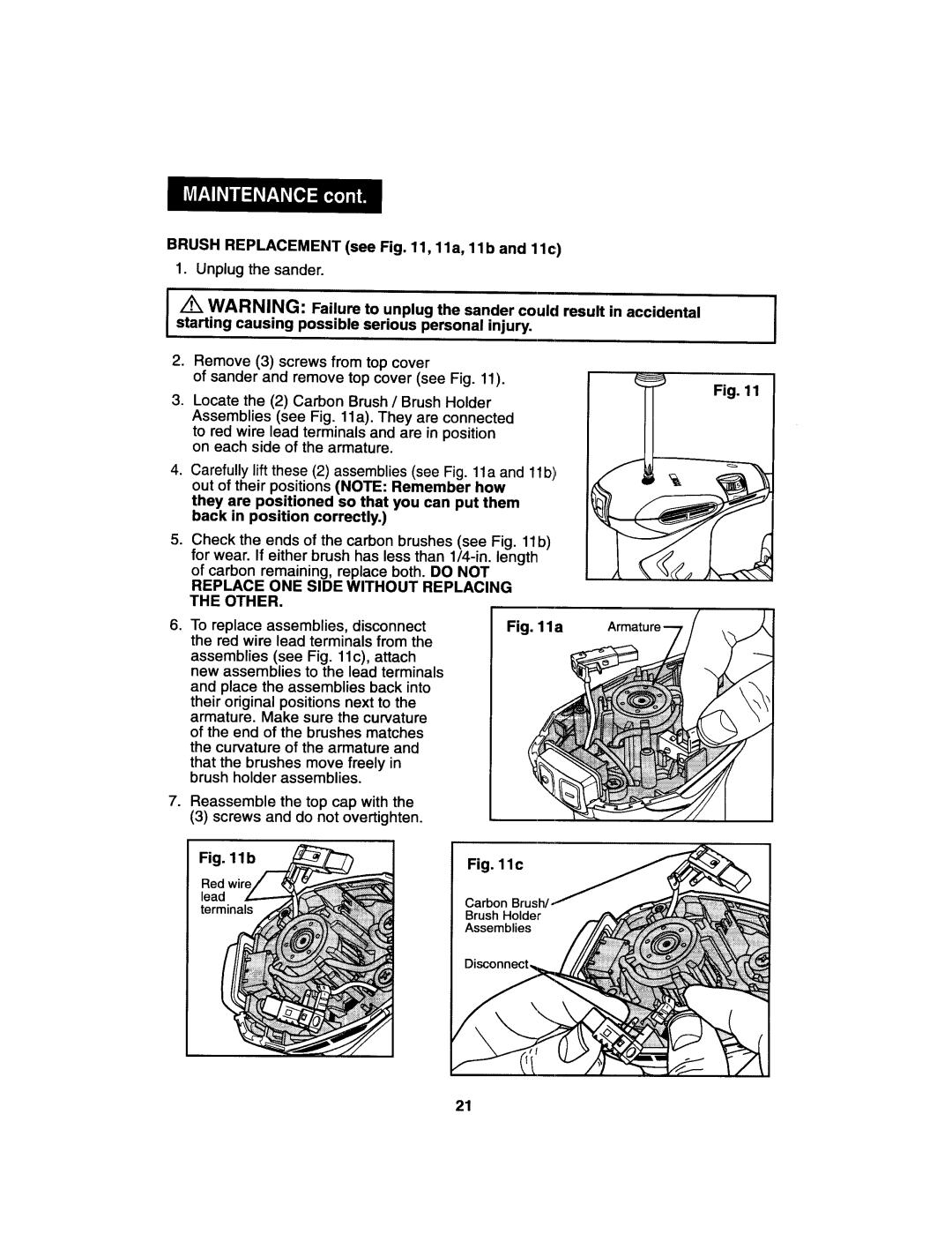 Craftsman 172.27673 operating instructions BRUSHREPLACEMENTseeFig.11,11a,11band11c Unplugthesander, Other 