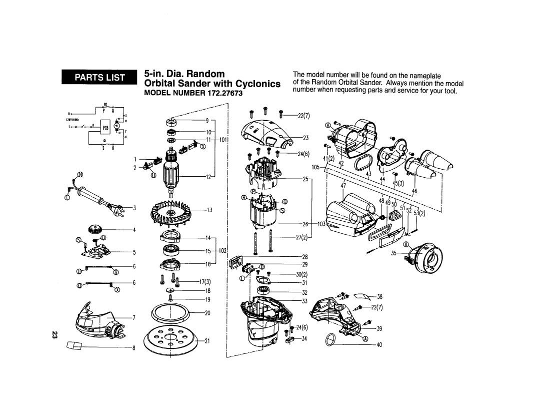 Craftsman 172.27673 operating instructions In. Dia. Random Orbital Sander with Cyclonics, Model Number 