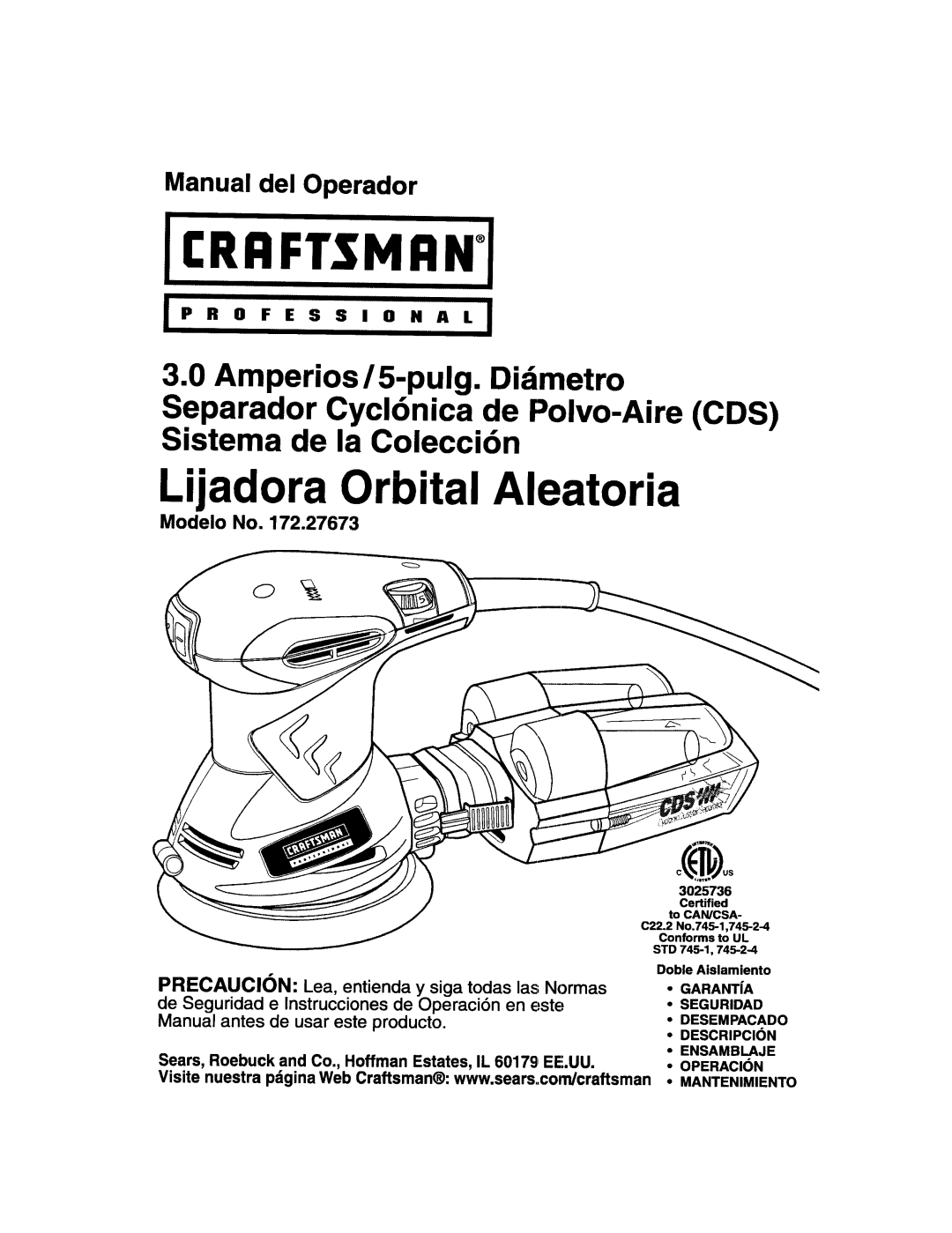 Craftsman 172.27673 Lijadora Orbital Aleatoria, Sears, Roebuck and Co., Hoffman Estates, IL 60179 EE.UU 