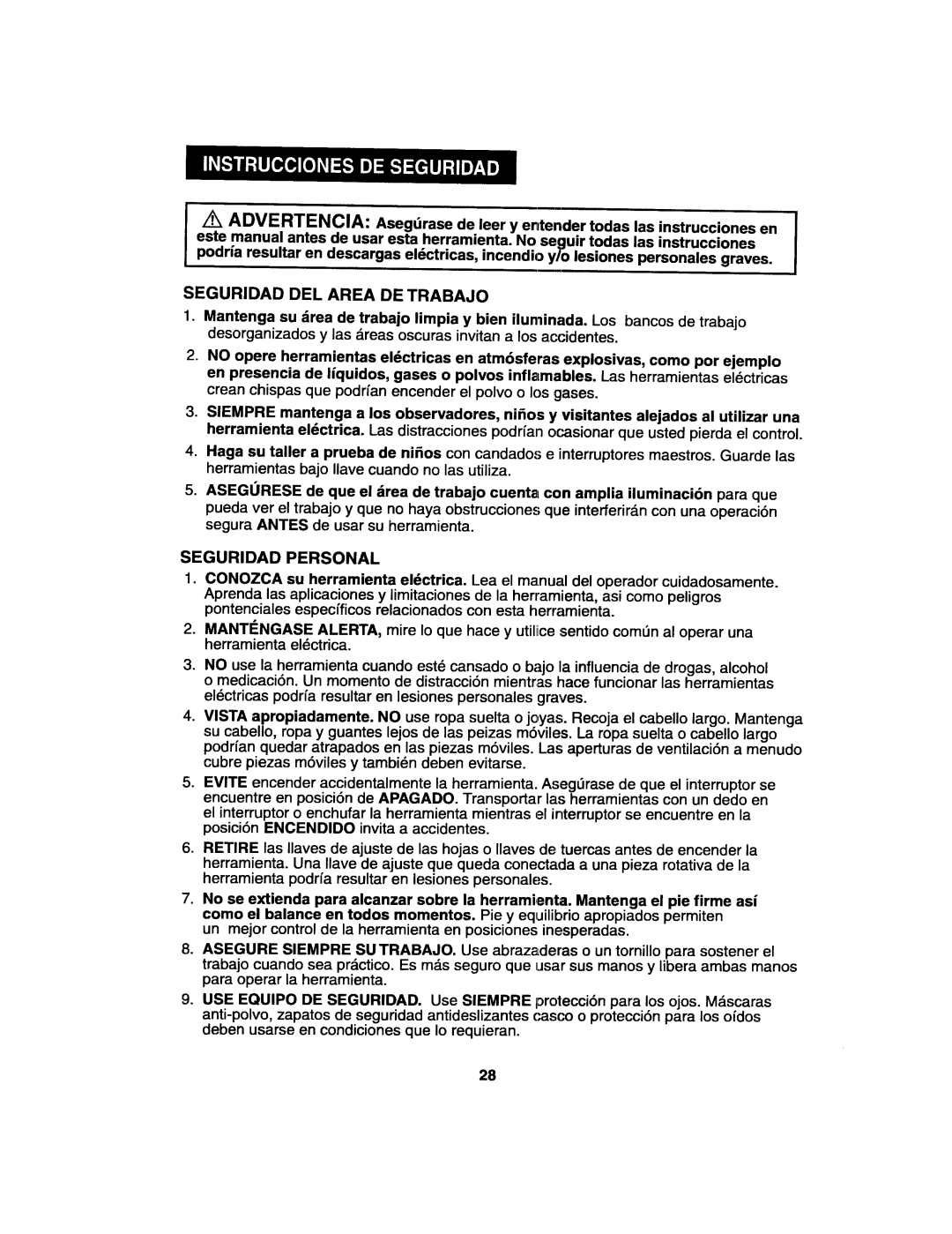 Craftsman 172.27673 operating instructions Seguridad DEL Area DE Trabajo, Seguridad Personal 