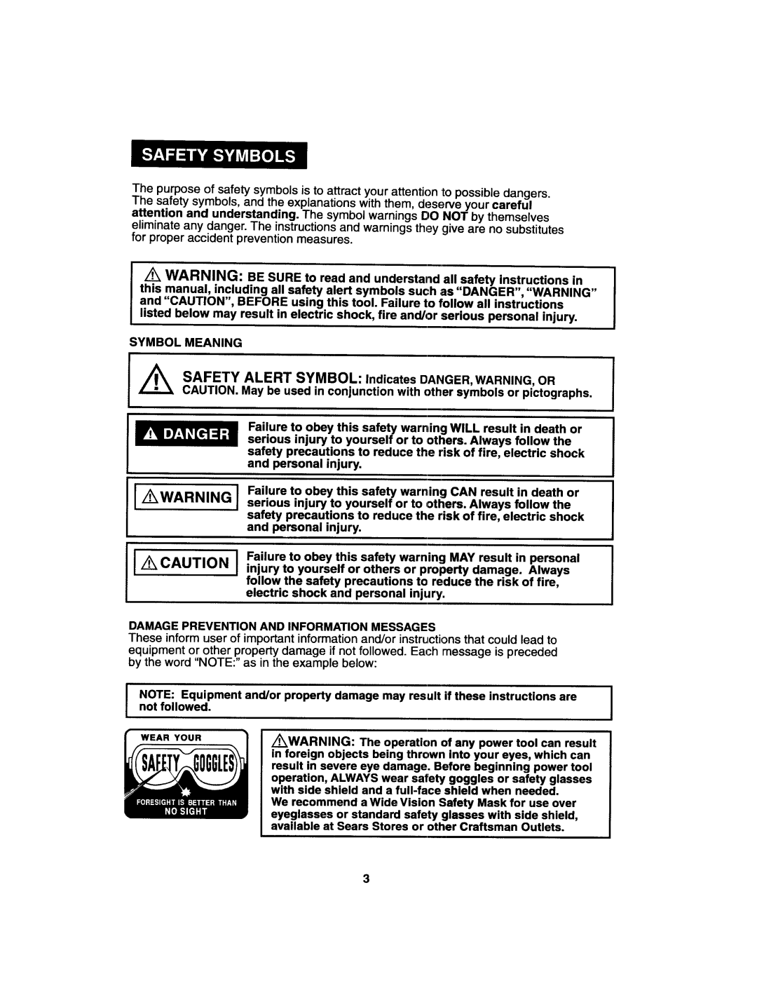 Craftsman 172.27673 Symbol Meaning, Indicates DANGER, WARNING, or, Damage Prevention and Information Messages 