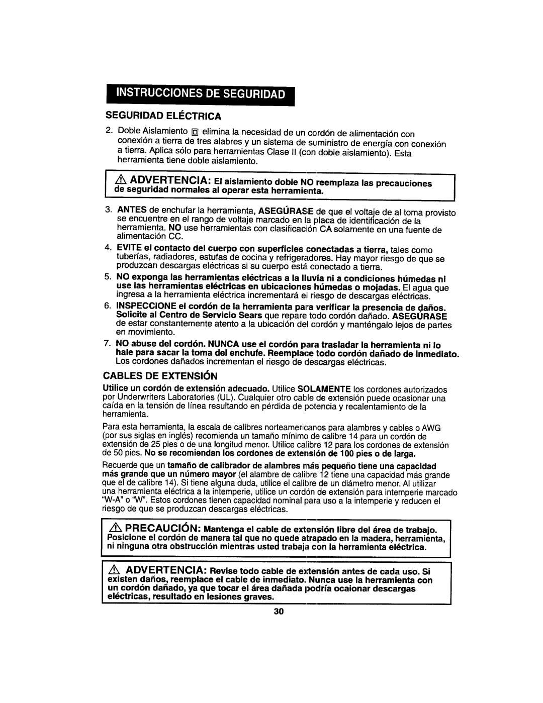 Craftsman 172.27673 operating instructions Seguridad Electrica, Cables DE Extension 