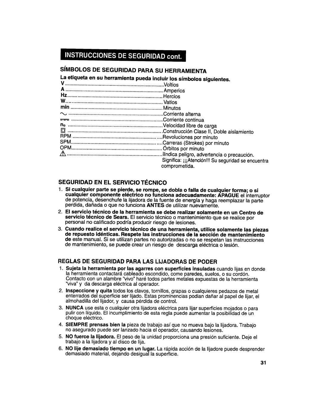 Craftsman 172.27673 operating instructions Rpm, Spm, Opm, Reglas DE Seguridad Para LAS Lijadoras DE Poder 