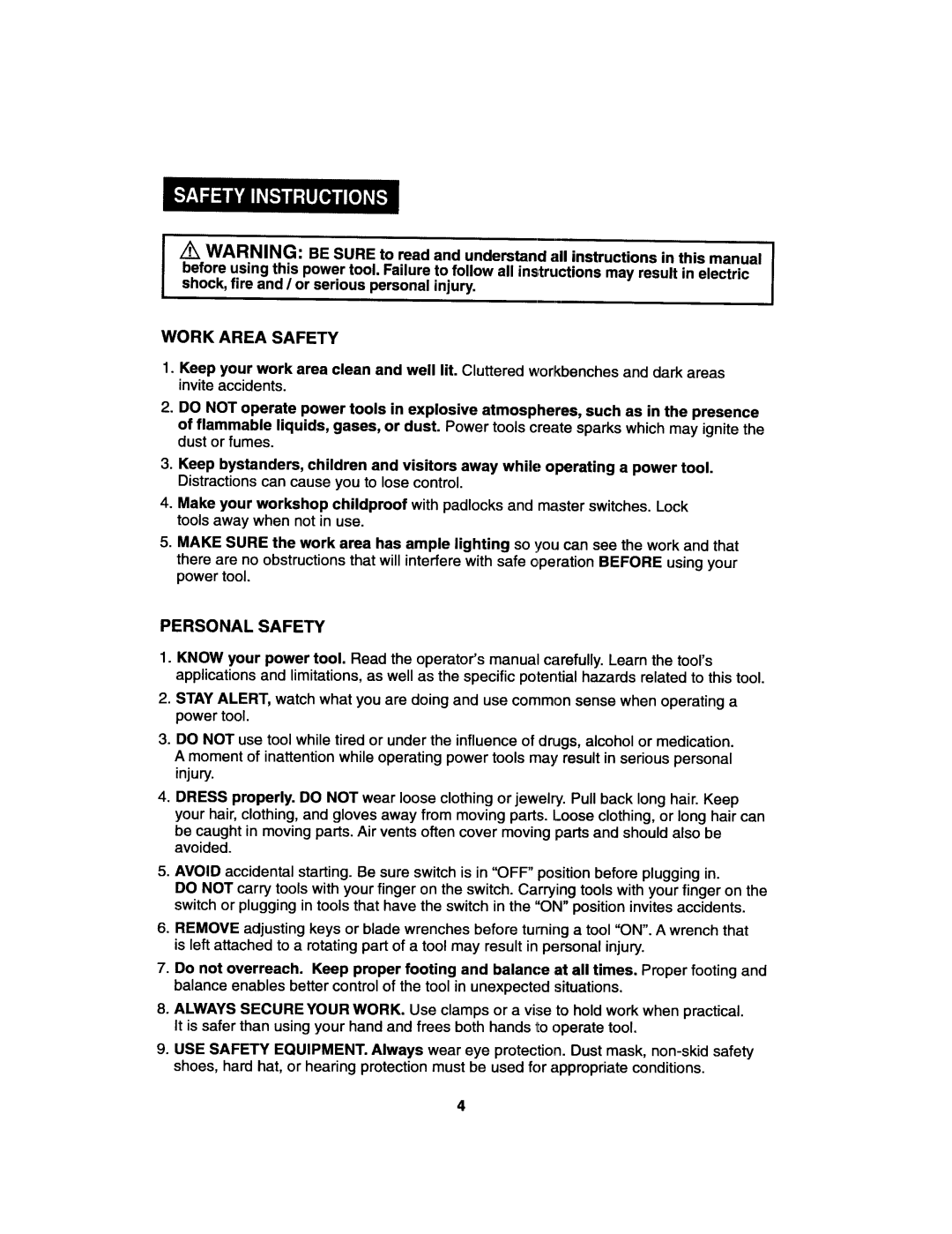 Craftsman 172.27673 operating instructions Work Area Safety, Personal Safety 