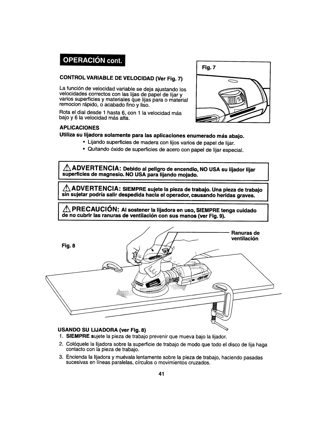 Craftsman 172.27673 operating instructions CONTROLVARIABLEDEVELOCIDADVerFig.7, Aplicaciones 