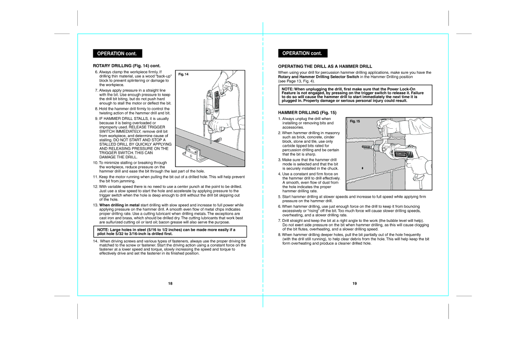 Craftsman 172.28129 operating instructions Rotary Drilling, Operating the Drill AS a Hammer Drill, Hammer Drilling Fig 