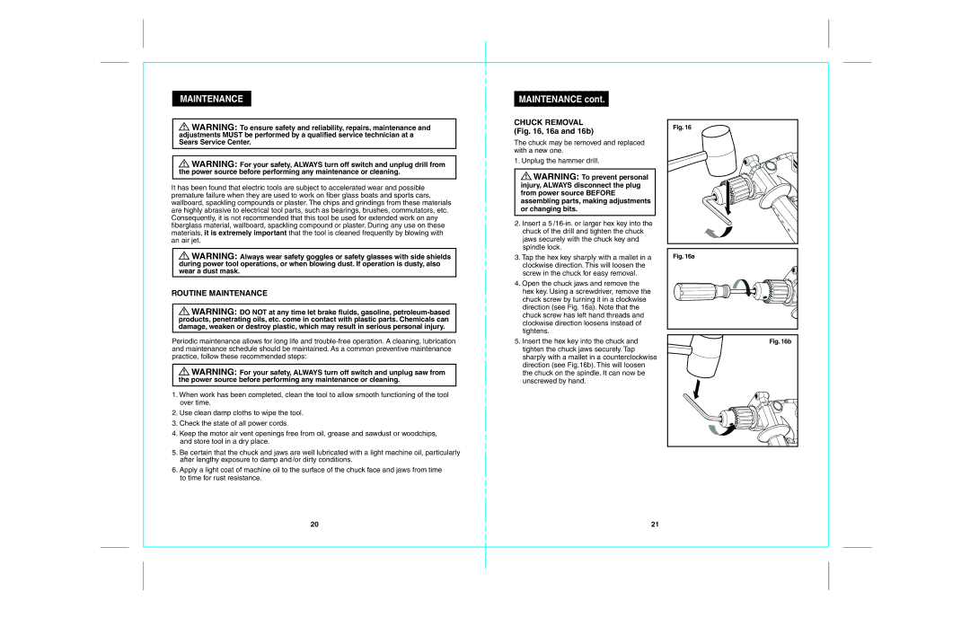 Craftsman 172.28129 operating instructions Routine Maintenance, Chuck Removal , 16a and 16b 