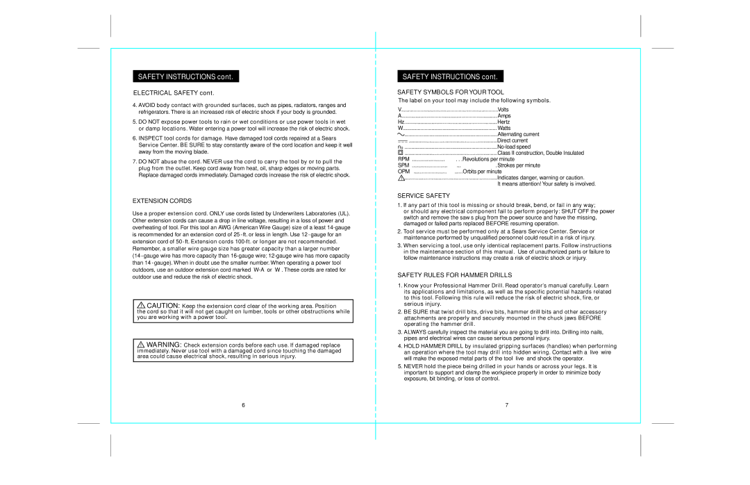 Craftsman 172.28129 operating instructions Electrical Safety, Extension Cords, Safety Symbols for Your Tool, Service Safety 