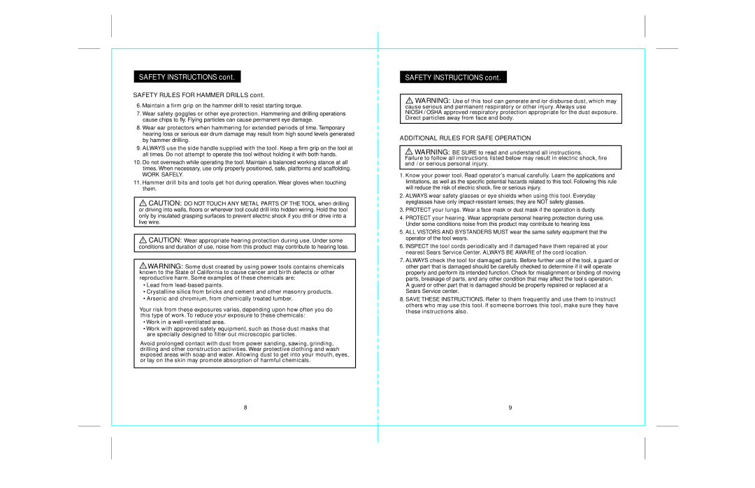 Craftsman 172.28129 operating instructions Safety Rules for Hammer Drills, Additional Rules for Safe Operation 