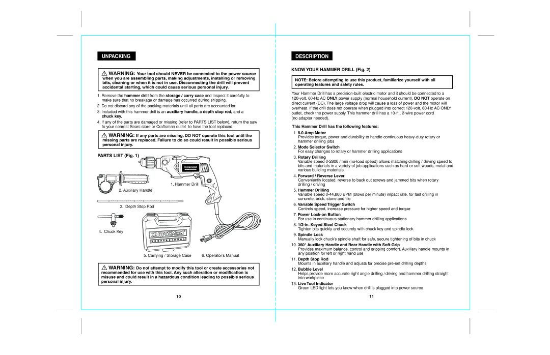 Craftsman 172.28129 operating instructions Unpacking, Description, Parts List Fig, Know Your Hammer Drill Fig 