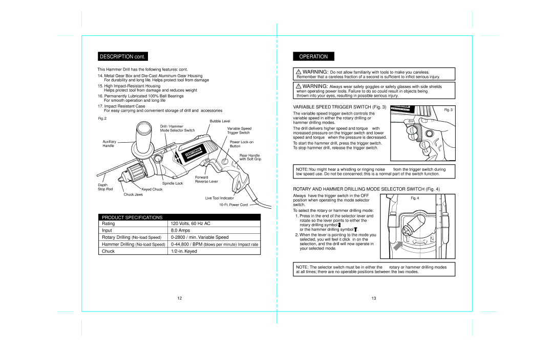 Craftsman 172.28129 Operation, Variable Speed Trigger Switch Fig, Rotary and Hammer Drilling Mode Selector Switch Fig 