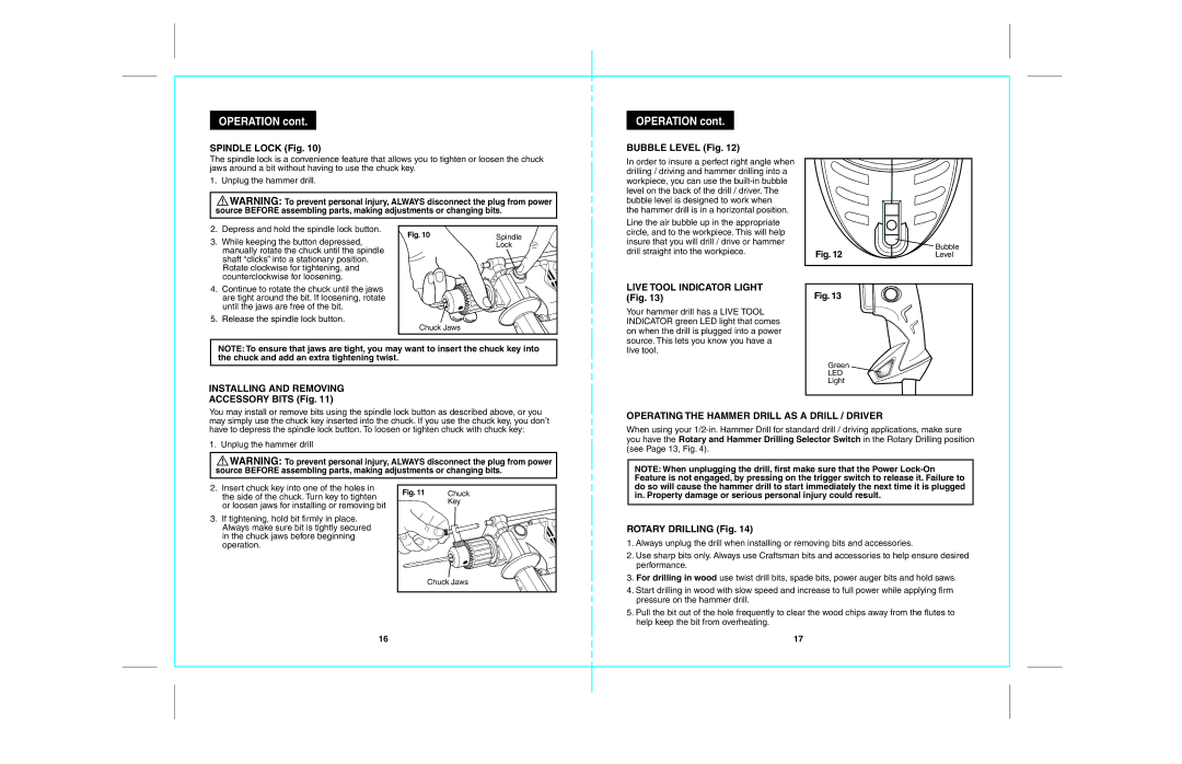 Craftsman 172.28129 operating instructions Installing and Removing, Operating the Hammer Drill AS a Drill / Driver 