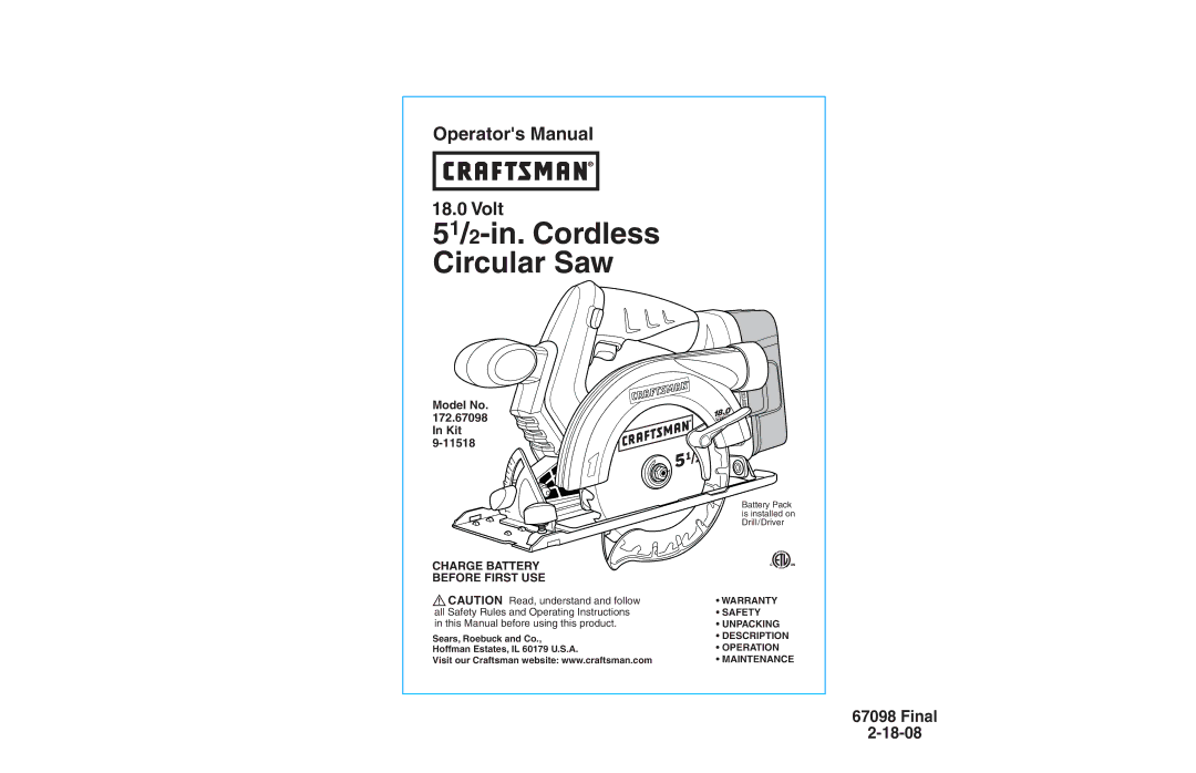 Craftsman 172.67098 operating instructions Sears, Roebuck and Co., Hoffman Estates, IL 60179 U.S.A 