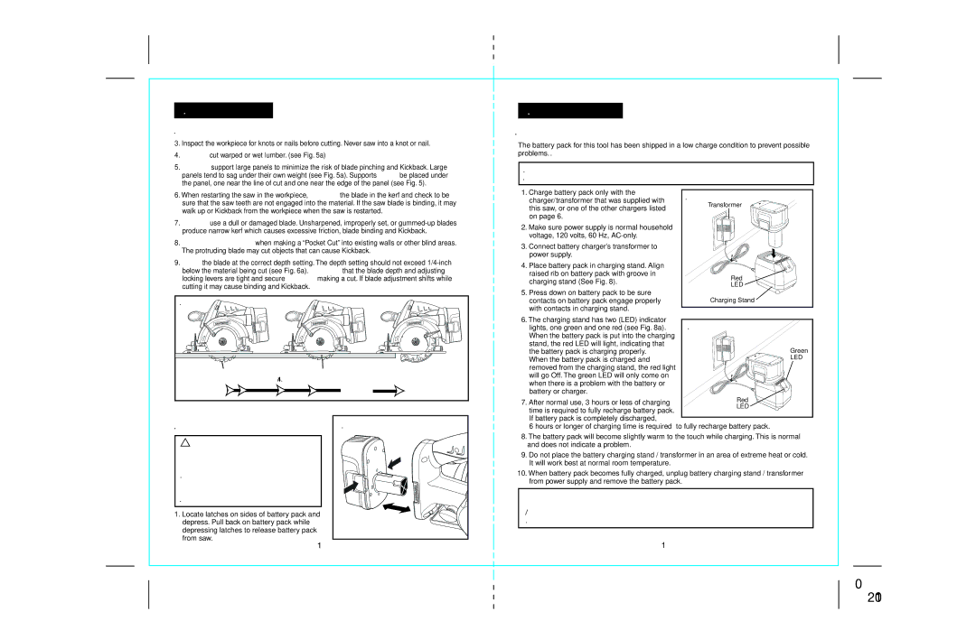 Craftsman 172.67098 operating instructions Charging the Battery Pack and 8a, Removing Battery Pack from, Circular SAW Fig 