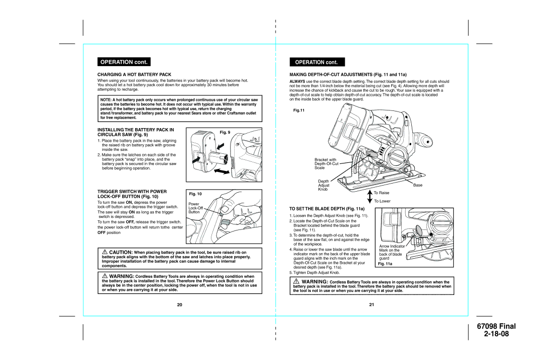 Craftsman 172.67098 Charging a HOT Battery Pack, Installing the Battery Pack, Trigger Switch with Power 