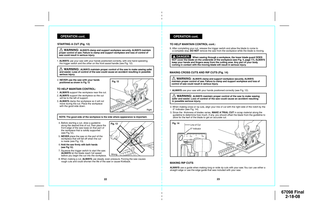 Craftsman 172.67098 Starting a CUT Fig, To Help Maintain Control, Making Cross Cuts and RIP Cuts Fig, Making RIP Cuts 