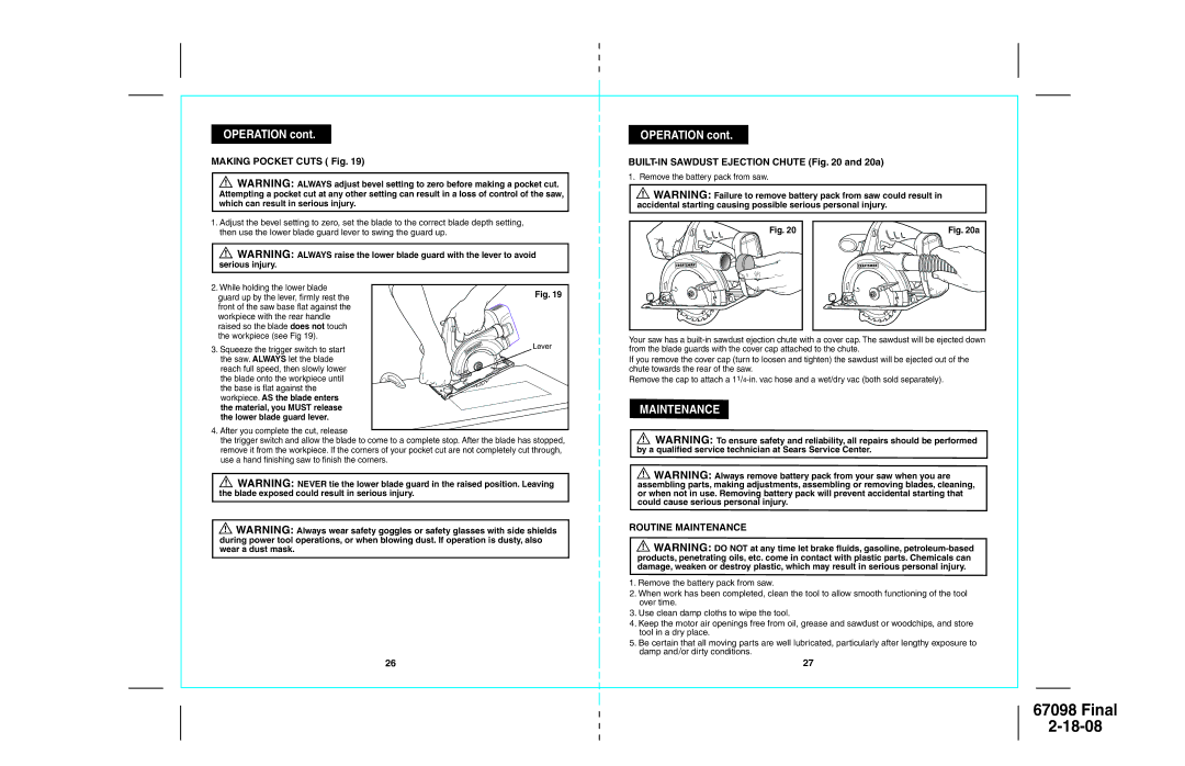 Craftsman 172.67098 Making Pocket Cuts Fig, BUILT-IN Sawdust Ejection Chute and 20a, Routine Maintenance 