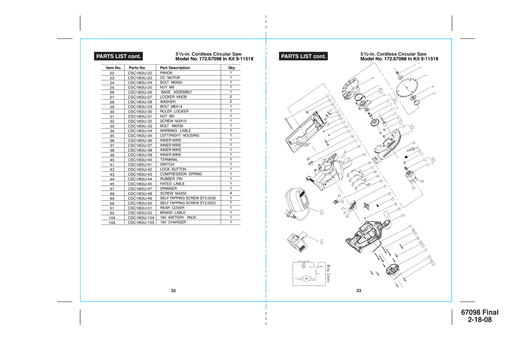 Craftsman 172.67098 operating instructions Parts List 