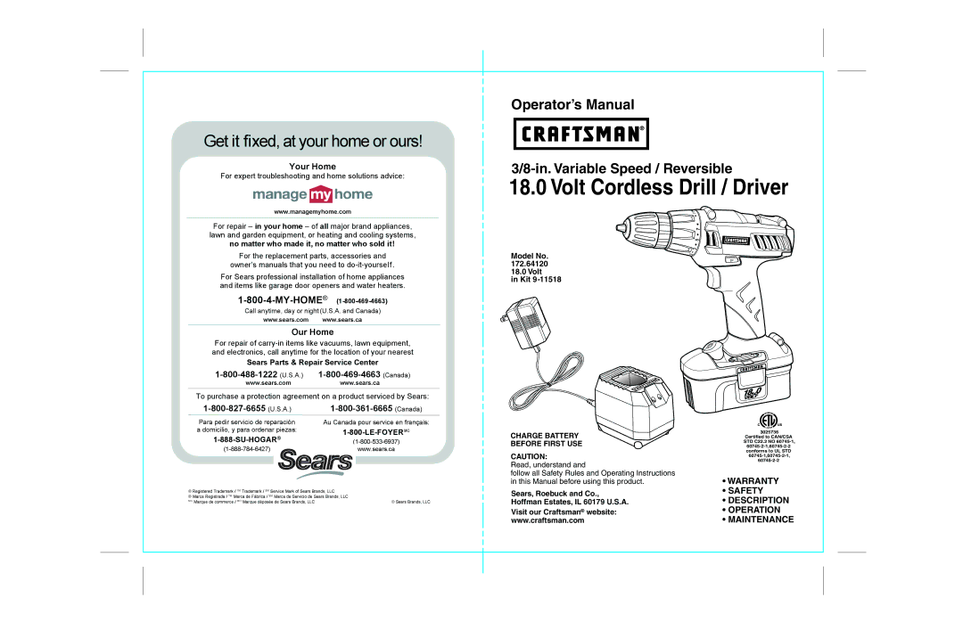 Craftsman 172.67098 operating instructions Warranty, Safety, Description, Operation, Maintenance 