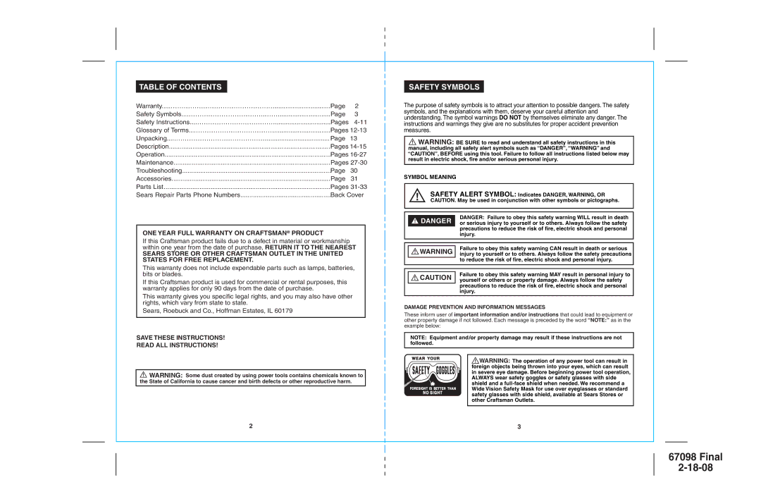 Craftsman 172.67098 operating instructions Table of Contents, Safety Symbols 