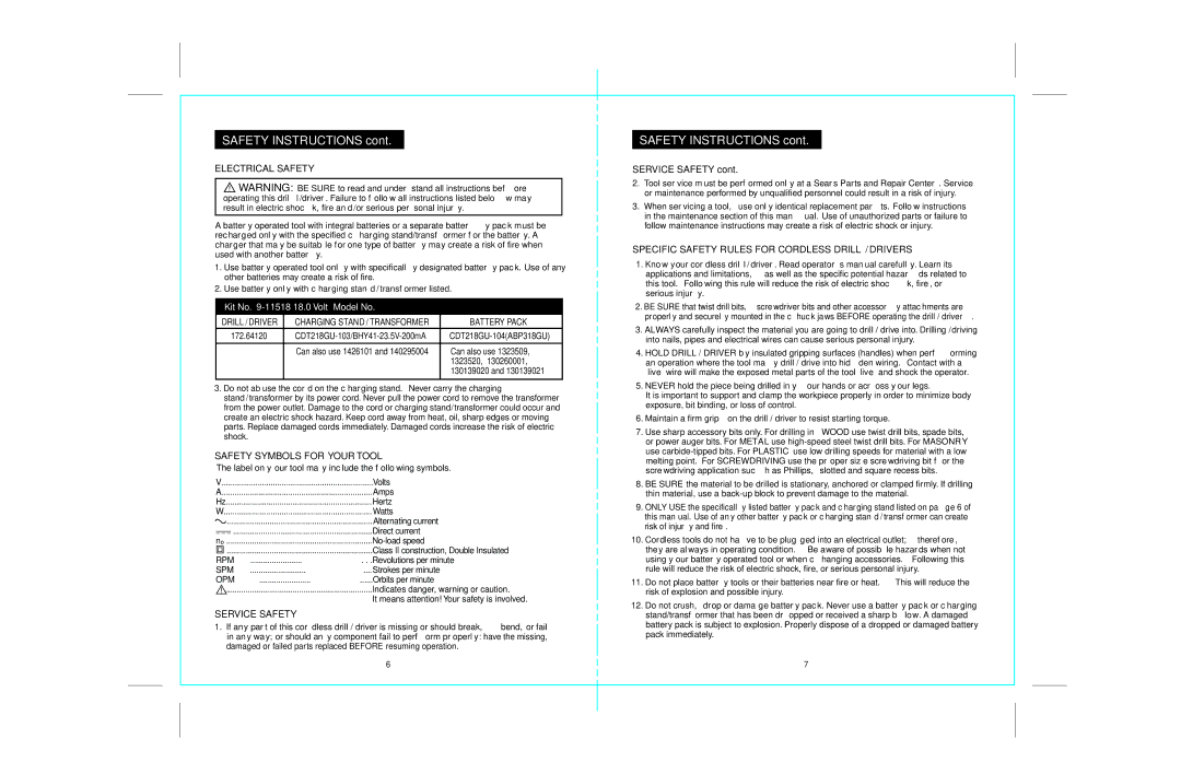 Craftsman 172.67098 Specific Safety Rules for Cordless Drill / Drivers, Indicates danger, warning or caution 