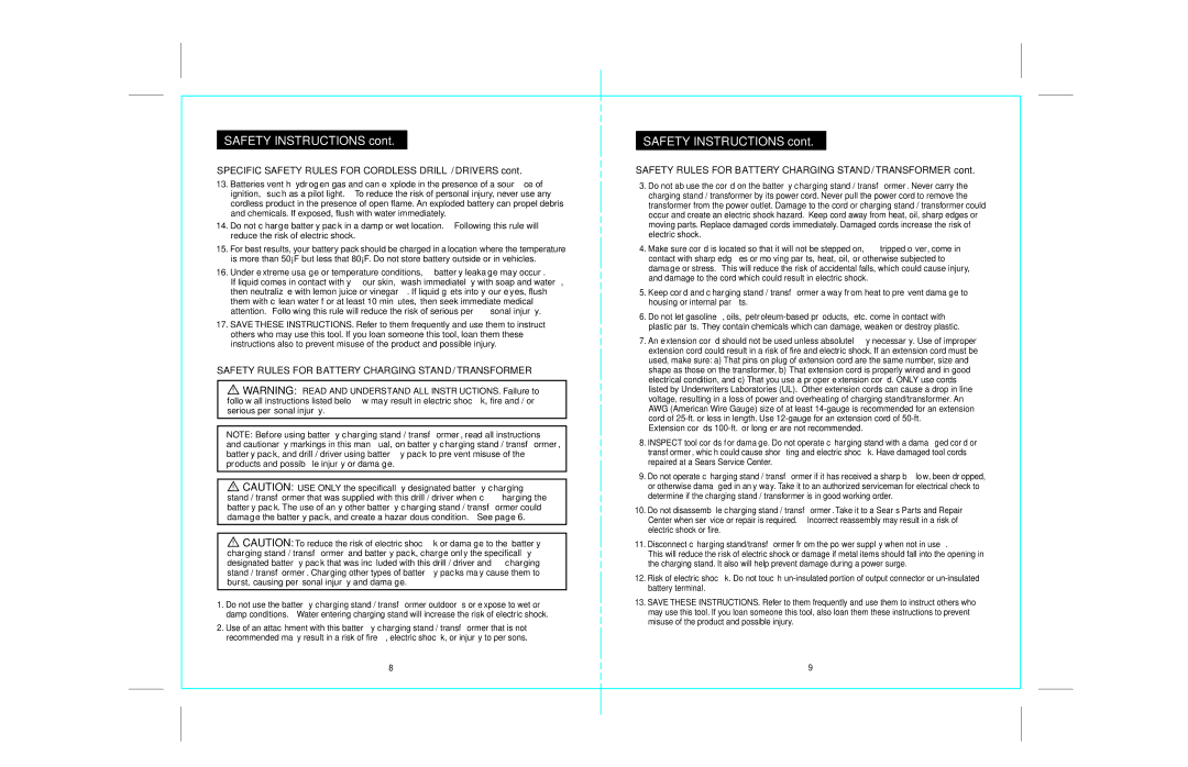 Craftsman 172.67098 operating instructions Specific Safety Rules for Cordless Drill / Drivers 