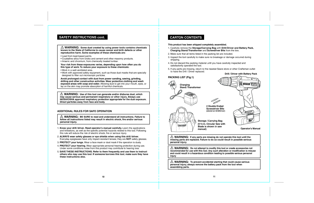 Craftsman 172.67098 operating instructions Carton Contents 