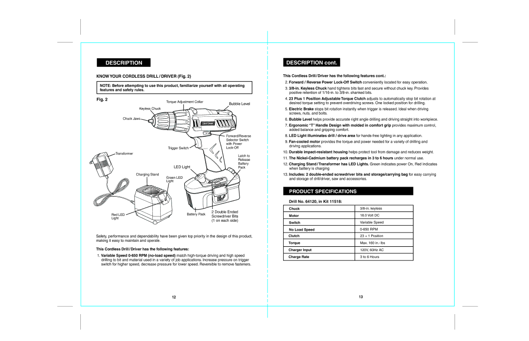 Craftsman 172.67098 Know Your Cordless Drill / Driver Fig, This Cordless Drill / Driver has the following features 